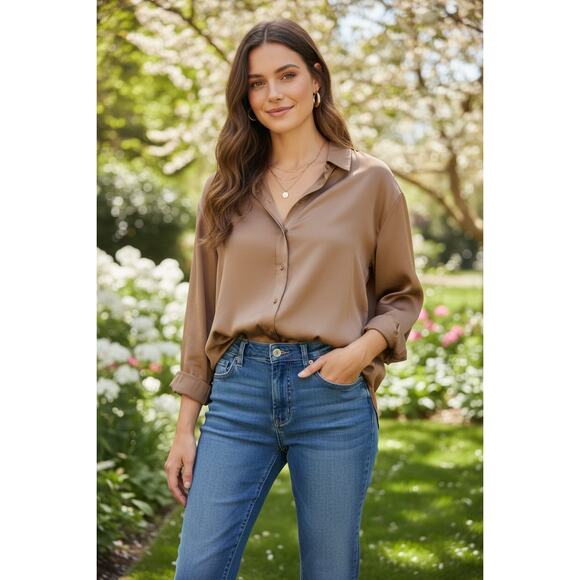 Express Tops - Express Boyfriend Portofino Blouse Brown Button Front Shirt Size M